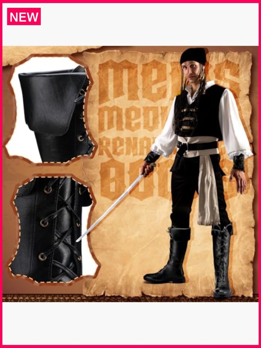 Medieval Renaissance Boots Pirate Costume Viking Gothic Leather High Tube Tied - Picture 2 of 7